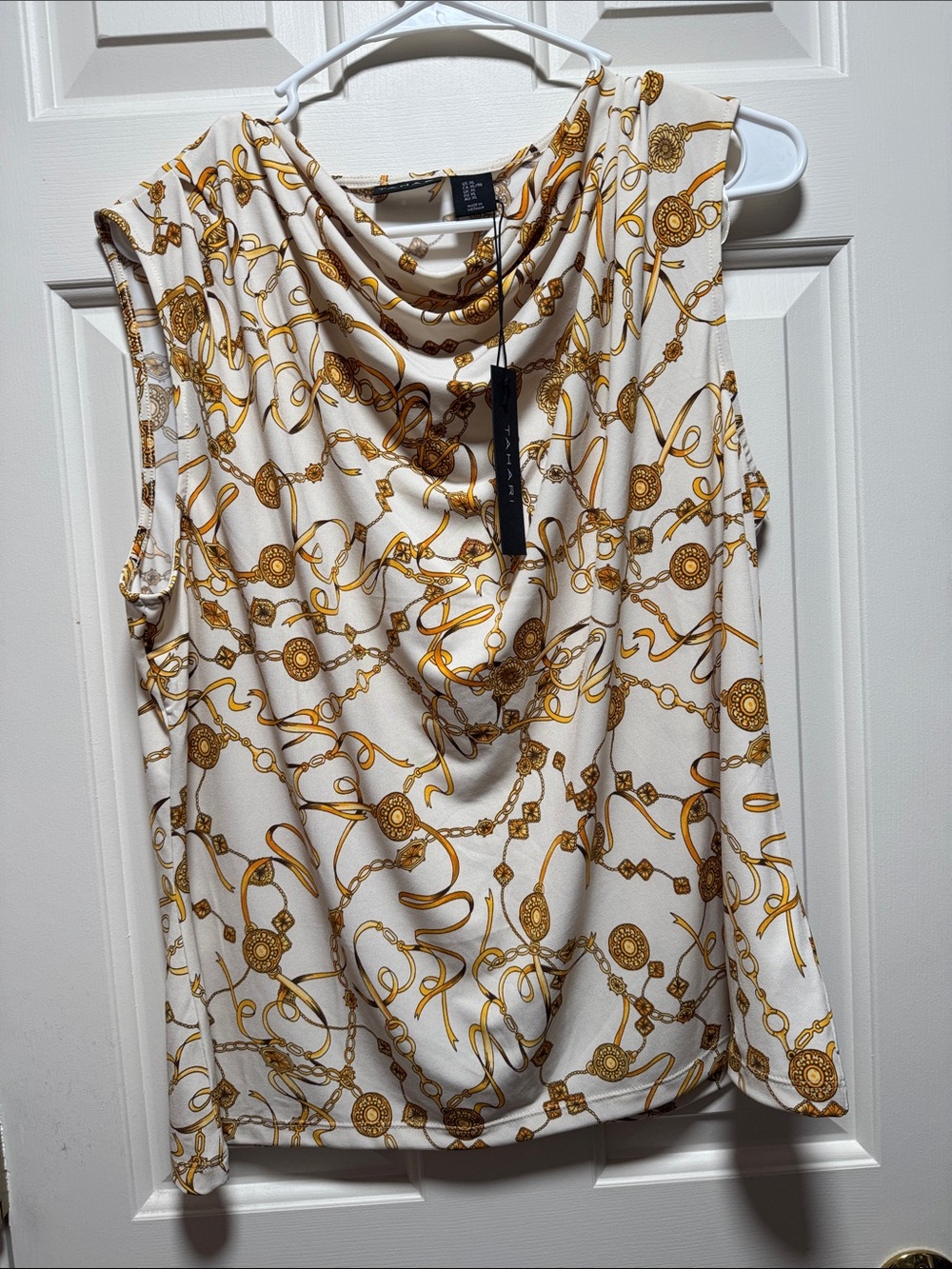 Tahari White and Gold Chain-Print Draped Cowl Neck Sleeveless Top XL